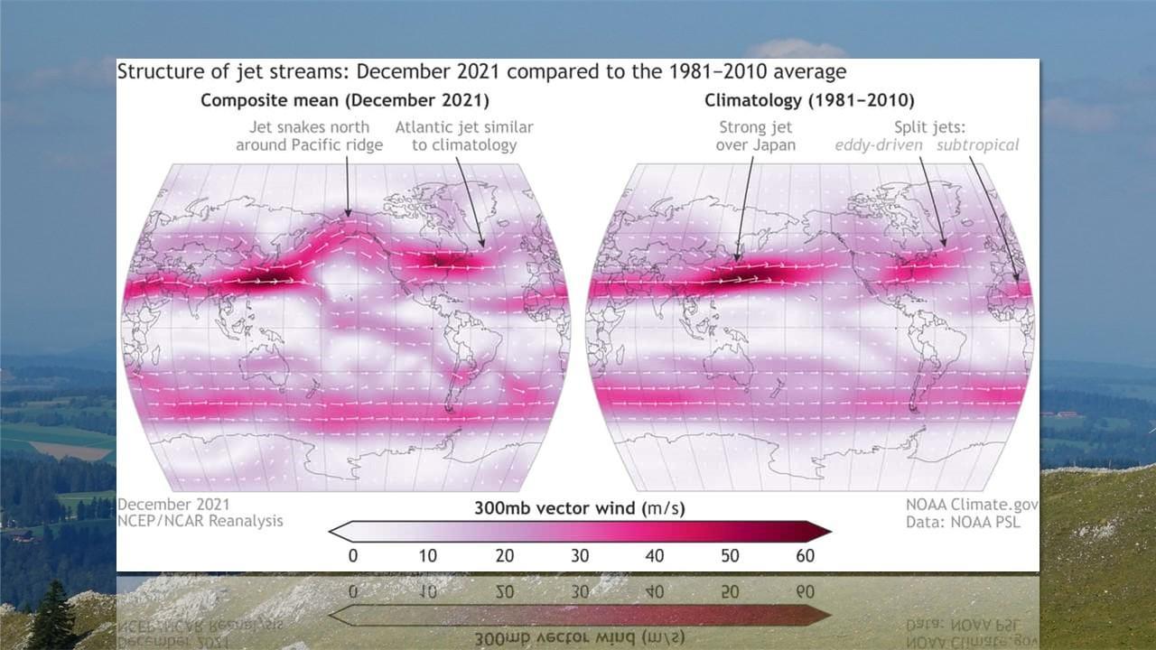 Ondulation moyenne du jet stream en décembre 2021 (à gauche), comparée à la moyenne 1981-2010 [RTS/Pennsylvania State University - Denise Amacher]