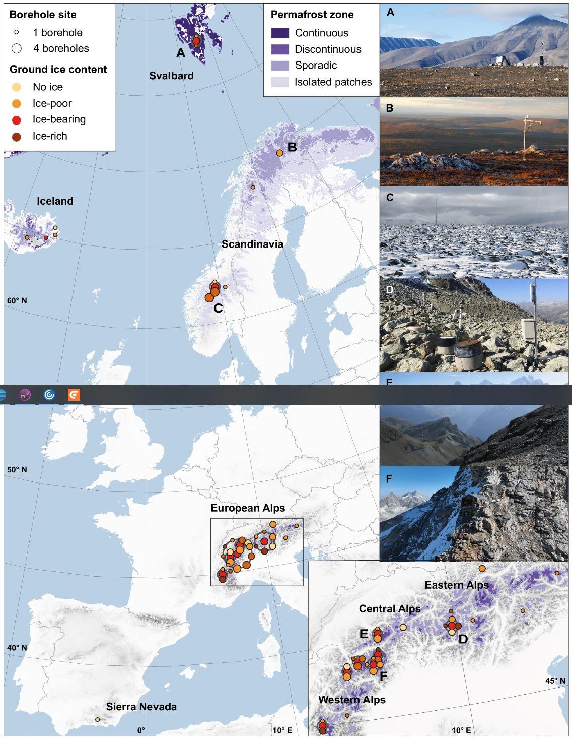 Localisation des sites d'observation du pergélisol dans les régions montagneuses européennes utilisées dans l'étude. [2024, Nat. Commun. - Noetzli & al.]