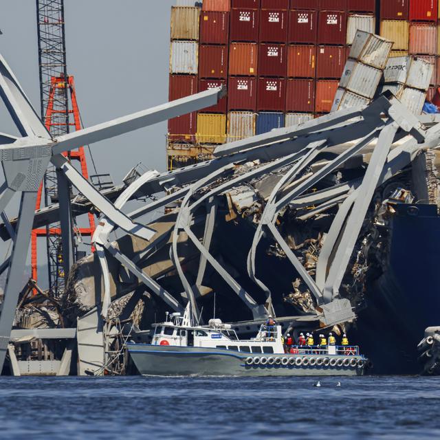 Les travaux de déblaiement se poursuivent sur le pont effondré Francis Scott Key, le lundi 15 avril 2024, à Baltimore. [Keystone - AP Photo/Julia Nikhinson]