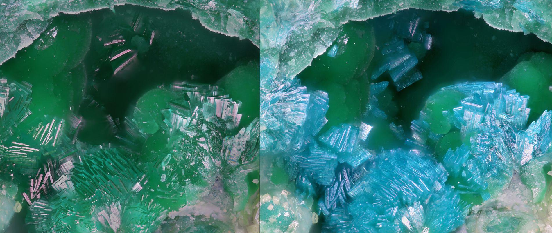 Les cristaux de heimite changent de couleur sous un microscope électronique à balayage. [SCNAT - Remo Zanelli]