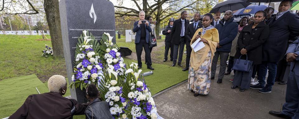 Une commémoration en l'honneur des victimes du génocide au Rwanda à Genève le 13 avril 2023. [Keystone - Martial Trezzini]