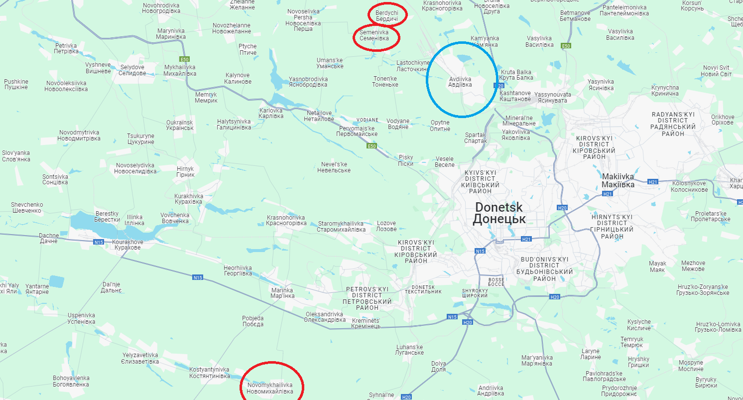En rouge, les villages dont l'Ukraine a admis avoir dû se retirer. En bleu, la ville-forteresse d'Avdiivka, tombée aux mains des Russes en février, après des mois de combats. [RTSinfo - GoogleMap]