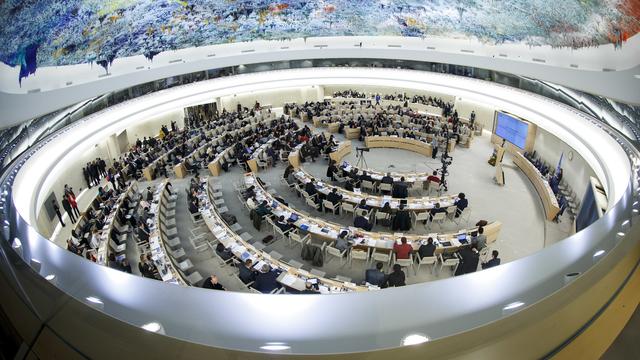 Une vue générale de l'assemblée du Conseil des droits de l'homme, au siège européen des Nations unies, à Genève, en mars 2014. [KEYSTONE - SALVATORE DI NOLFI]