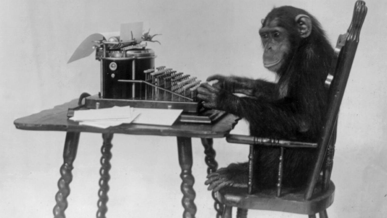 Jamais un singe n'écrira toute l'œuvre de Shakespeare par hasard sur une machine à écrire... [Library of Congress Prints and Photographs Division - New York Zoological Society]