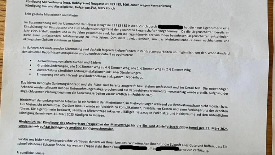 La lettre d'Allgood Property AG aux habitants des immeubles zurichois. [SRF]