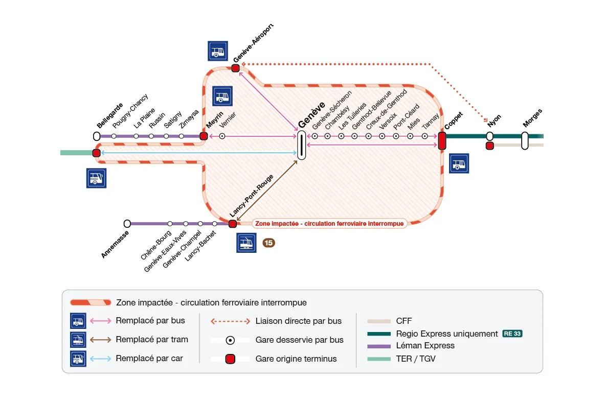 Pendant l'interruption totale de la circulation à la gare de Cornavin, un dispositif de substitution par bus, cars et trams sera mis en place. [CFF]