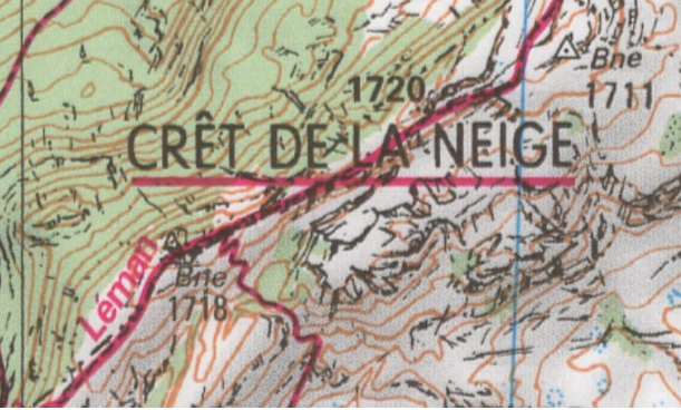 L'édition 2007 de la carte IGN au 1:25'000 est équivoque sur le point qu'il faut considérer comme le vrai sommet du Crêt de la Neige. [IGN]