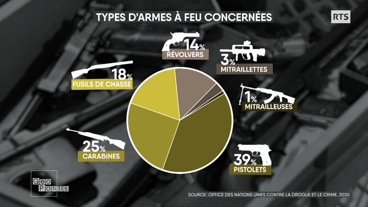 Répartition par types d’armes à feu saisies (2016-2017). [RTS - Géopolitis]