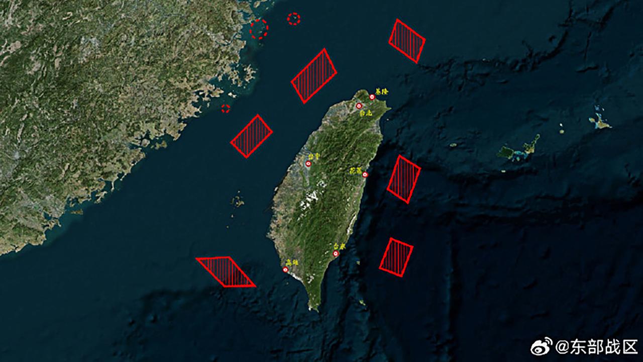 Ce document du commandement du théâtre oriental de l'Armée populaire de libération de la Chine (APL) publié le 14 octobre 2024 montre une carte des emplacements des exercices militaires "Joint Sword-2024B" menés par la Chine autour de Taïwan. [AFP]