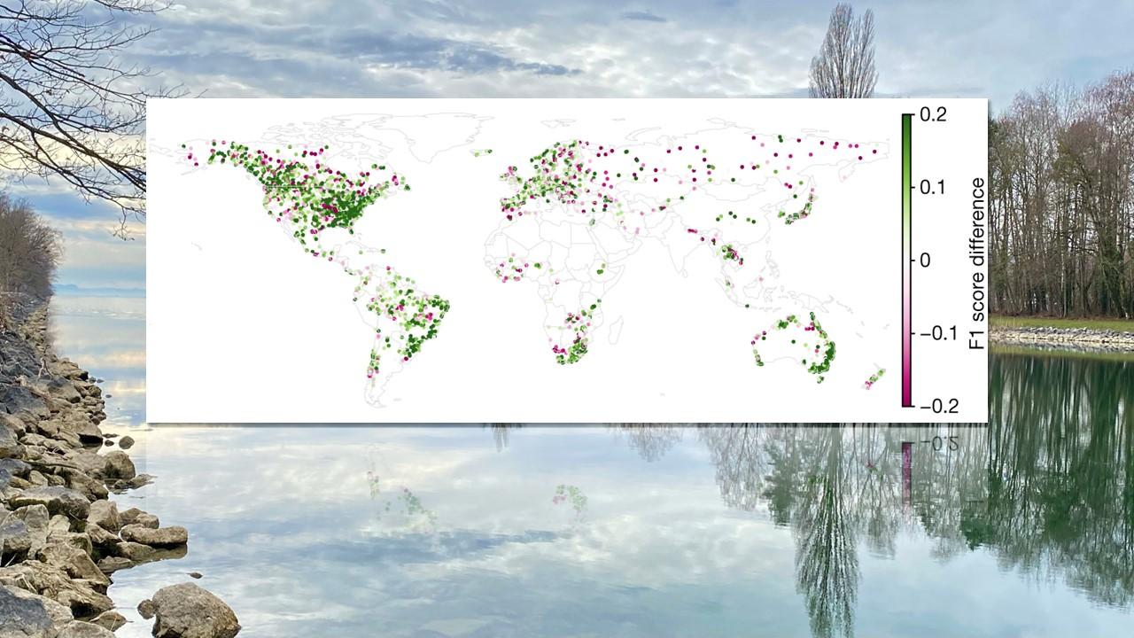 Performances de l'IA par rapport au système GloFAS du programme Copernicus. En vert, les zones où l'IA a donné de meilleurs résultats. [Nature - André Gerber]