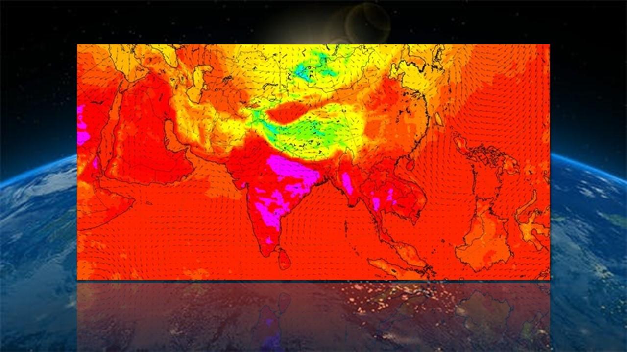 Températures au sol prévues par le modèle européen pour le 26 avril 2024. Les zones en violet marquent les zones où les températures atteignent les 40°C. [NASA/ECMWF]