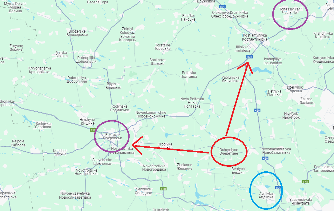 En bleu, la ville-forteresse d'Avdiivka, tombée aux mains des Russes en février, après des mois de combats. En rouge, le village d'Ocheretyne, conquis la semaine dernière. En violet, les objectifs militaires probables de la Russie, Pokrovsk et Tchassiv Yar. [RTSinfo - GoogleMap]