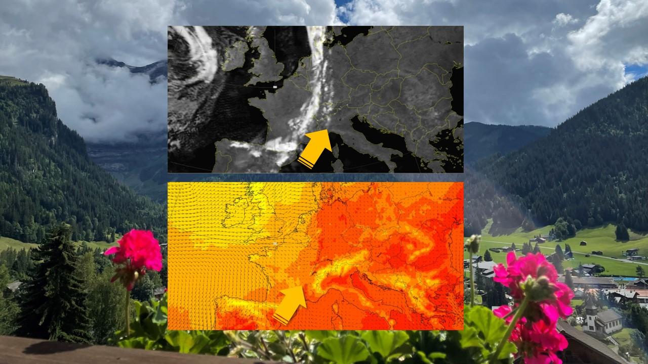 Image satellite simulée, températures et vents au sol, prévus par le modèle européen (ECMWF) pour le samedi 24 août 2024 à 12h locales [ECMWF - Fabienne Reymond]