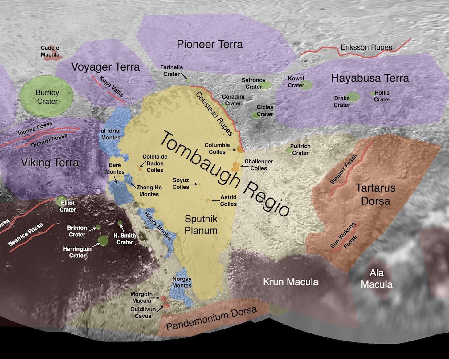 Cette image contient les premiers noms informels utilisés par l'équipe de New Horizons pour désigner les caractéristiques et les régions de la surface de Pluton. [Public Domain - JPL/NASA]
