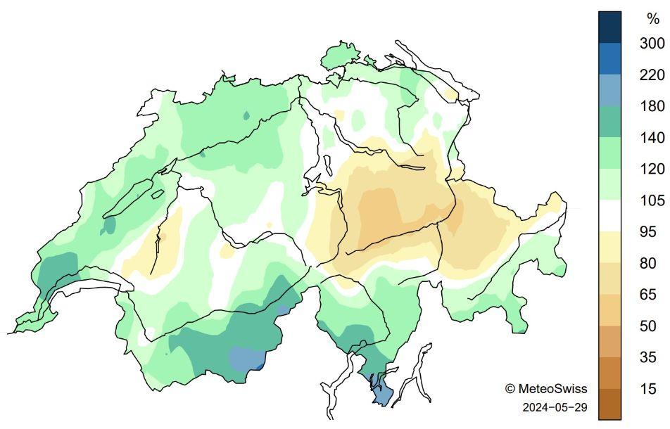 Précipitations en mai 2024 représentées en pourcentage de la norme sur la période 1991-2020. [MétéoSuisse]