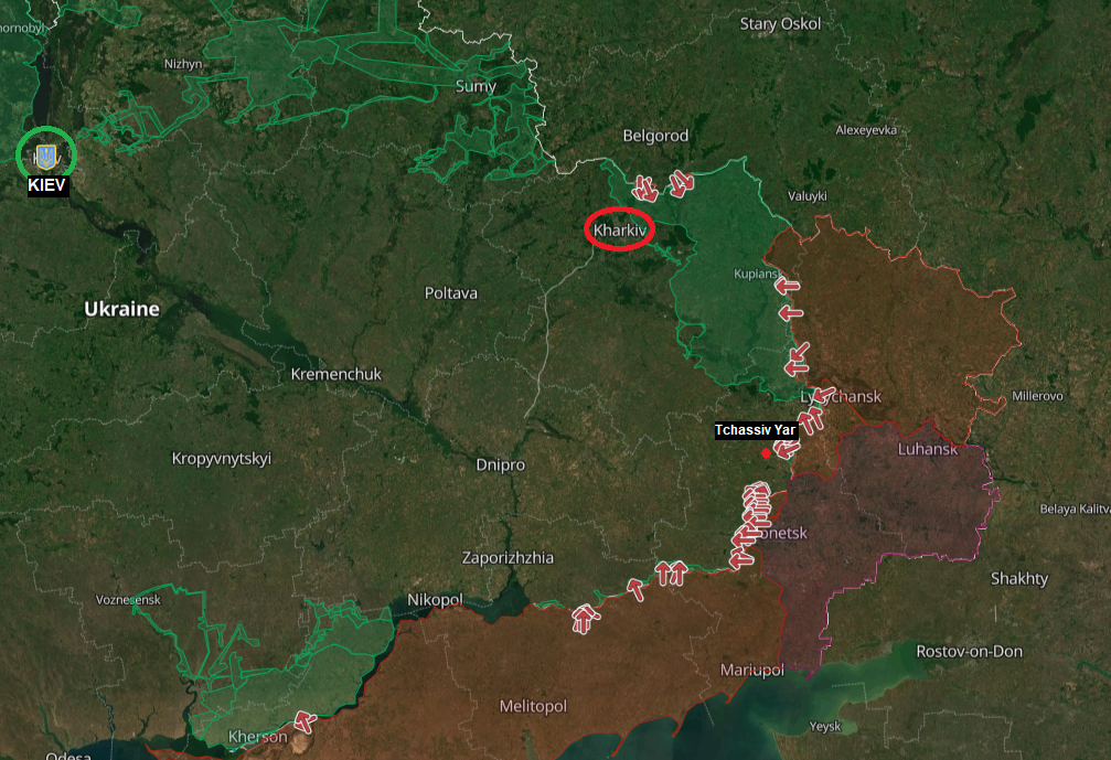 En vert, les territoires libérés par l'Ukraine depuis le début de la guerre. En bordeaux, le territoire annexé par la Russie lors de la guerre du Donbass. En rouge, le territoire ukrainien pris par la Russie depuis février 2022. [(https://deepstatemap.live) - RTSinfo]