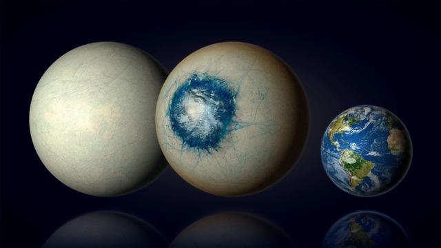 L'exoplanète tempérée LHS 1140 b se situe dans une zone habitable la plus prometteuse dans la recherche d'eau liquide au-delà du Système solaire. Elle fait 1,7 fois la taille de notre planète Terre (à droite) et pourrait être un monde entièrement recouvert de glace (à gauche), comme Europe, la lune de Jupiter, ou un monde de glace avec un océan substellaire liquide et une atmosphère nuageuse (au centre). [UdeM - Vue d'artiste B. Gougeon]