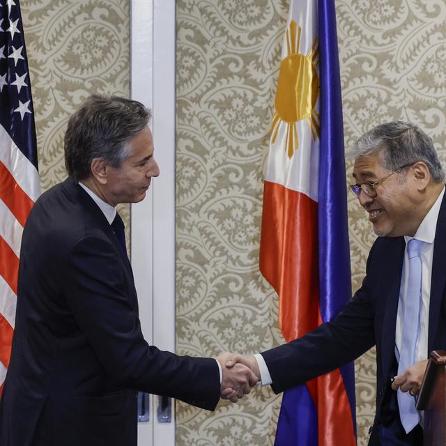 Antony Blinken confirme le soutien des Etats-Unis aux Philippines dans le contexte du conflit en mer de Chine méridionale. [Pool Photo via AP / Keystone - Evelyn Hockstein]