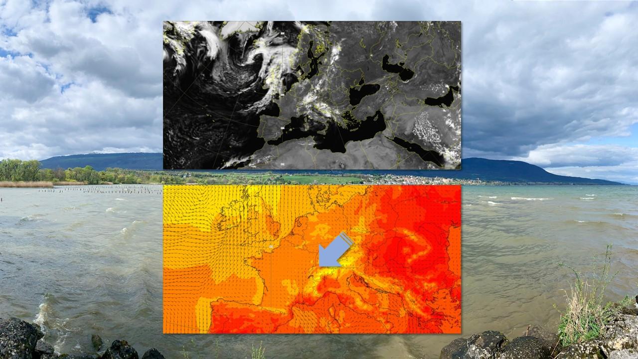 Image satellite simulée, températures et vents au sol, prévus par le modèle européen (ECMWF) pour le lundi 19 août 2024 à 12h locales [ECMWF - Roger Matthias Link]