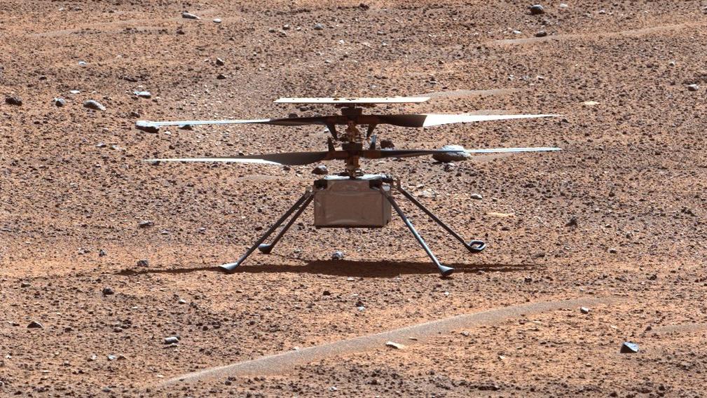 Cette vue de l'hélicoptère martien Ingenuity a été générée à partir des données recueillies par l'instrument Mastcam-Z à bord du rover martien Persévérance de la NASA le 2 août 2023, soit le 871e jour martien [ou sol], de la mission. L'image a été prise un jour avant le 54e vol de l'hélicoptère, et environ une semaine et demie après le vol 53, qui a été interrompu par un atterrissage imprévu. [NASA - JPL-Caltech/ASU/MSSS]