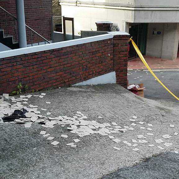 Cette photo fournie par le ministère sud-coréen de la Défense montre des objets non identifiés considérés comme des déchets nord-coréens provenant de ballons ayant franchi la frontière intercoréenne, dans une rue de Séoul. [AFP - Ministère sud-coréen de la Défense]