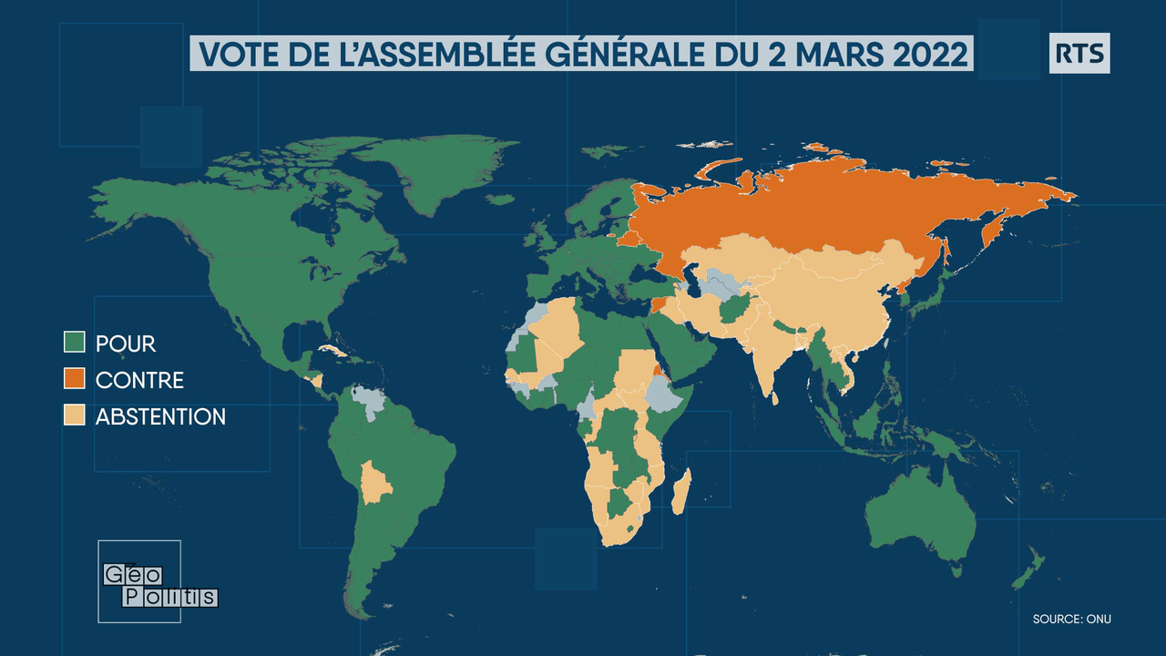 L'Assemblée générale de l'ONU votait le 2 mars 2022 sur une résolution exigeant que la Russie cesse immédiatement ses attaques en Ukraine. [RTS - Géopolitis]