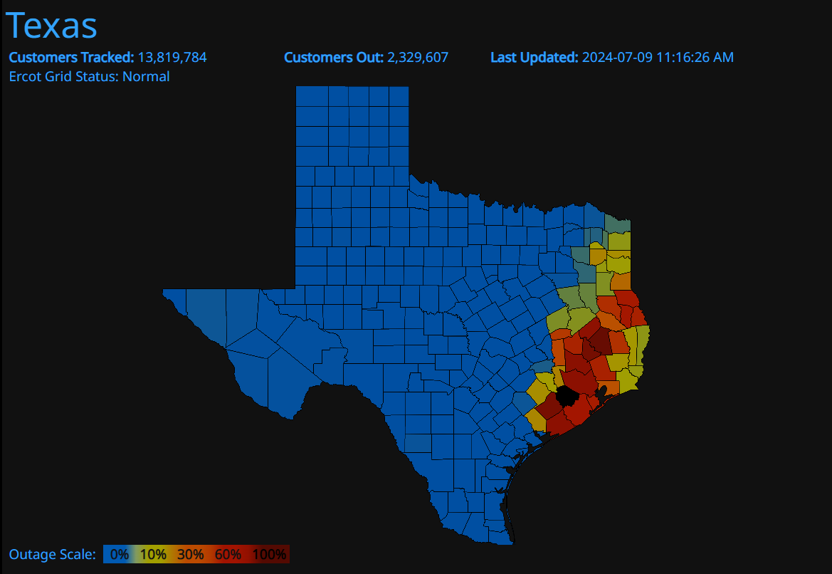 Une capture d'écran du site poweroutage.us montrant la proportion de foyers privés d'électricité au Texas, mardi en fin de matinée. [poweroutage.us]