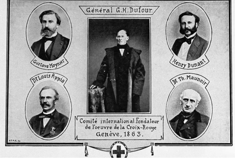 Illustration contemporaine des fondateurs du Comité international de la Croix-Rouge en 1863. [KEYSTONE]