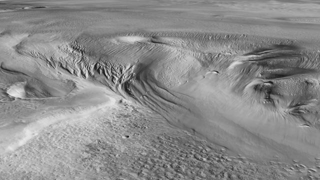 Cette vue en perspective montre Eumenides Dorsum, qui fait partie de la formation Medusae Fossae (MFF) de Mars. [Smithsonian Institution - Caltech/JPL Global CTX Mosaic of Mars]