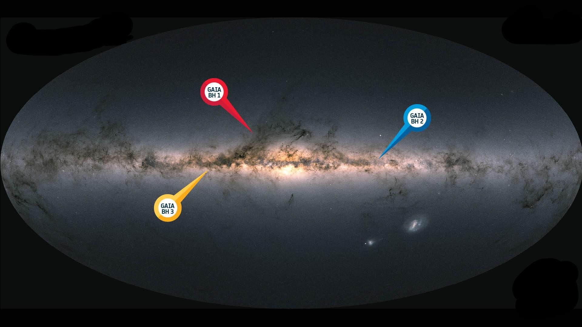 La sonde Gaia de l'ESA a découvert trois trous noirs (BH, pour Black Hole) dans notre Voie lactée. [ESA - Gaia]