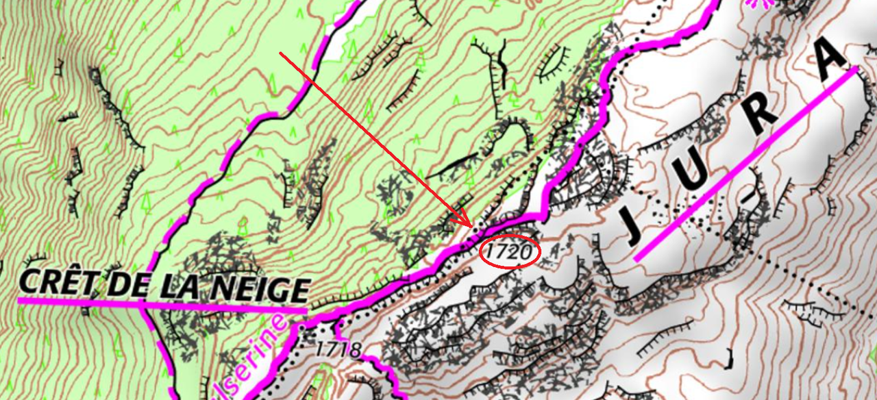 Le point culminant du Jura sur le Géoportail français. A noter que l'indication de son emplacement (point noir cerclé de blanc) se confond malencontreusement avec la limite de commune (ligne de points noirs). [IGN]