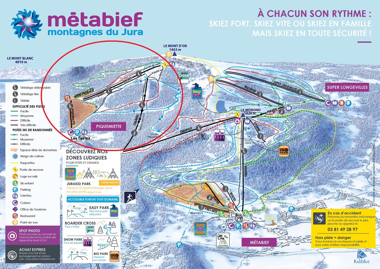 Le secteur condamné (Piquemiette, en rouge) est situé à un kilomètre de la frontière suisse. [DR - Métabief]