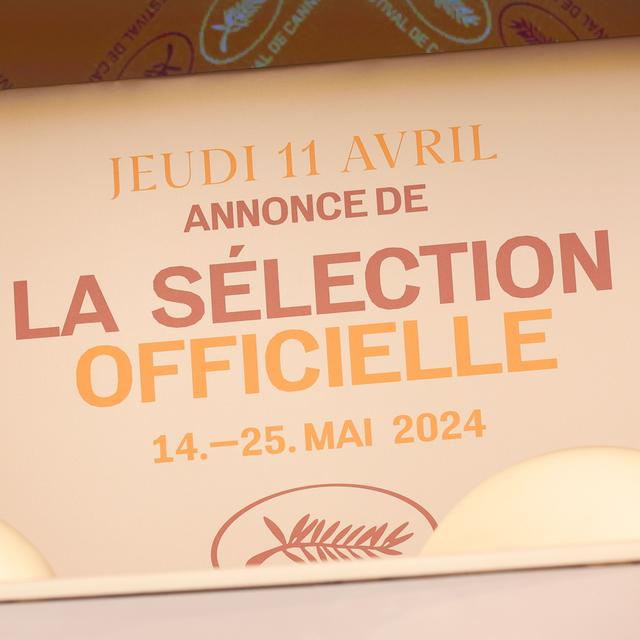 Le logo du Festival du film de Cannes lors de la conférence de presse du 11 avril 2024. [Keystone/EPA - Teresa Suarez]