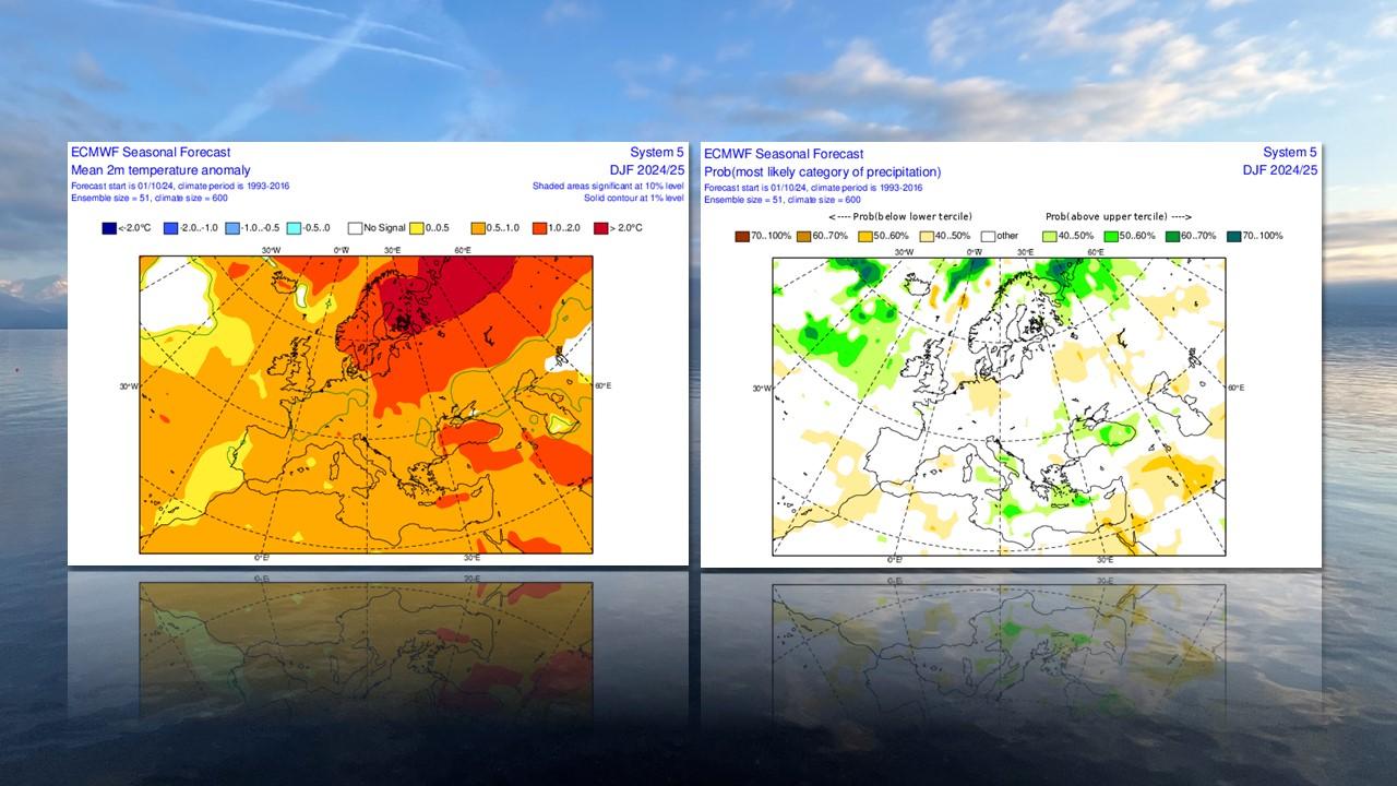 Anomalies de températures (à gauche) et de précipitations (à droite), prévues par le Centre Européen pour l'hiver 2024-2025. [ECMWF - Géraldine Malherbe]