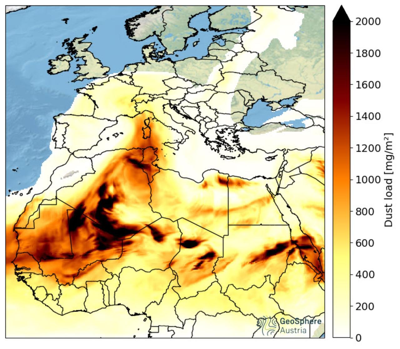 Concentration de poussières sahariennes prévue samedi 29 juin vers 14h par le modèle du ZAMG (service météorologique autrichien). Des valeurs de l’ordre de 500 mg/m2 ont déjà un impact sur le rayonnement solaire et la formation des nuages. [ZAMG (service météorologique autrichien)]