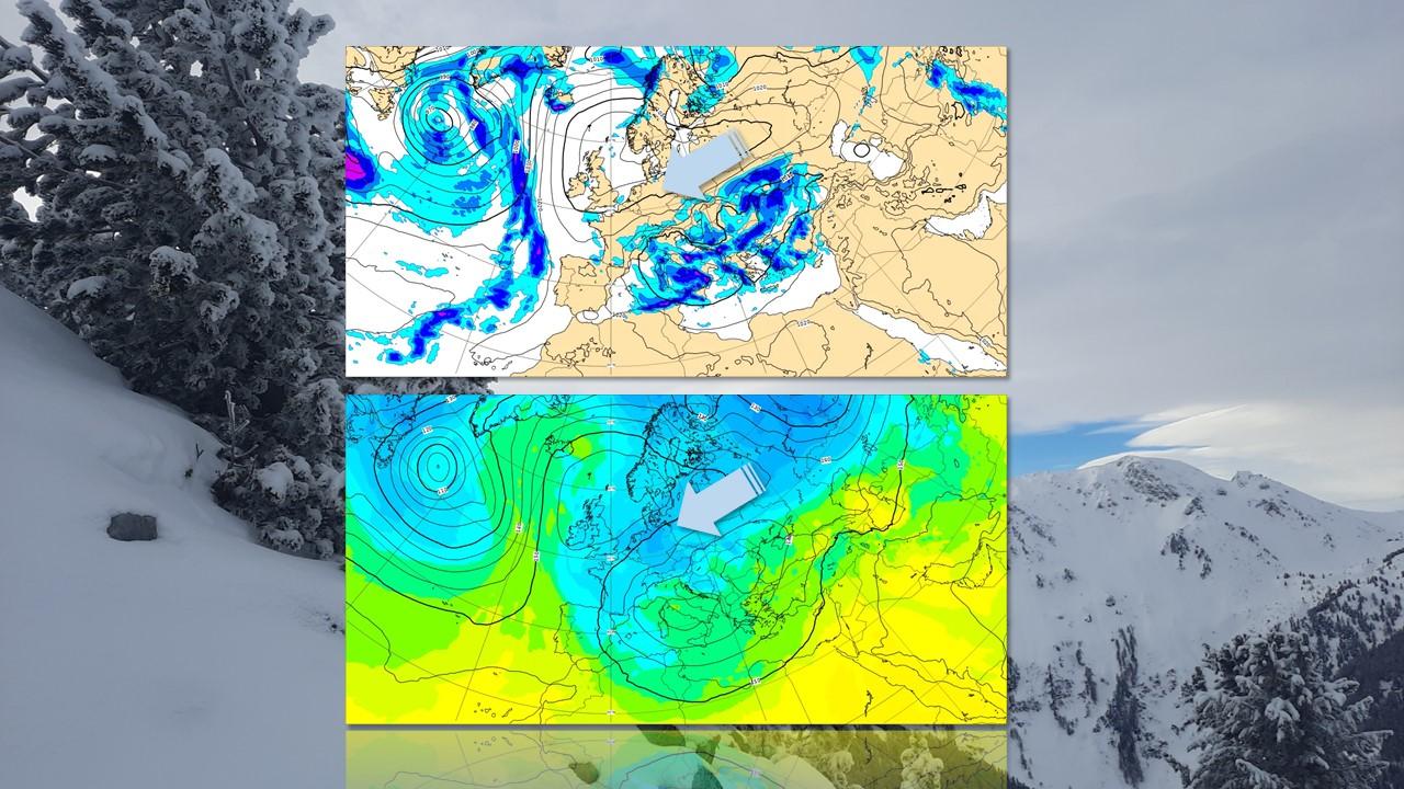 Répartition des pression et des températures, précipitations et orientation des courants le 8 janvier 2024 à 0h00 UTC. [RTS/ECMWF - Nathalie Drouet]