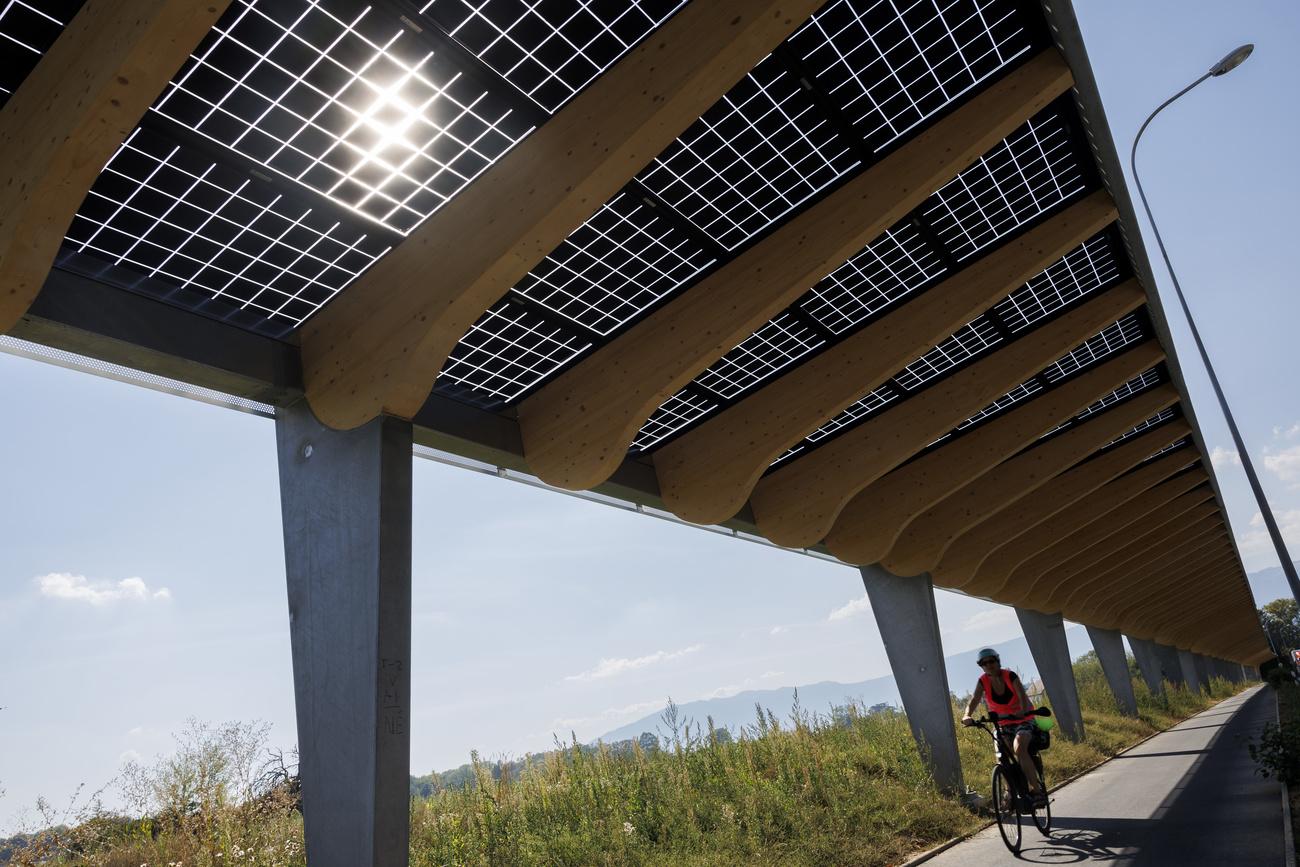 Une piste cyclable surmontée d'une installation de panneaux solaires, sur la route de Satigny (GE). [Keystone - Salvatore Di Nolfi]