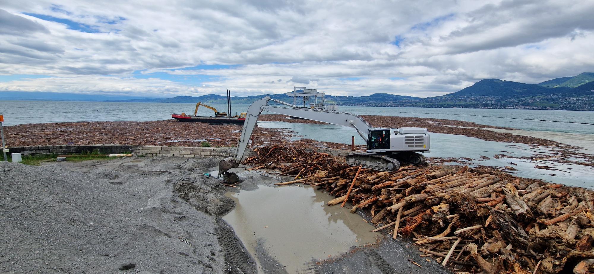D’importantes quantités de bois sont évacuées à Port-Valais au niveau du barrage flottant installé à l’embouchure du Rhône, dans le Léman, [RTS - Romain Carrupt]