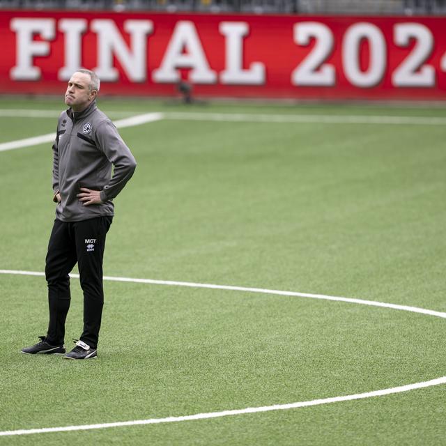 Le coach du FC Lugano Mattia Croci-Torti, durant l'entrainement avant la finale de la Coupe de Suisse entre Lugano et Genève Servette, le 1 juin 2024. [Keystone - Anthony Anex]