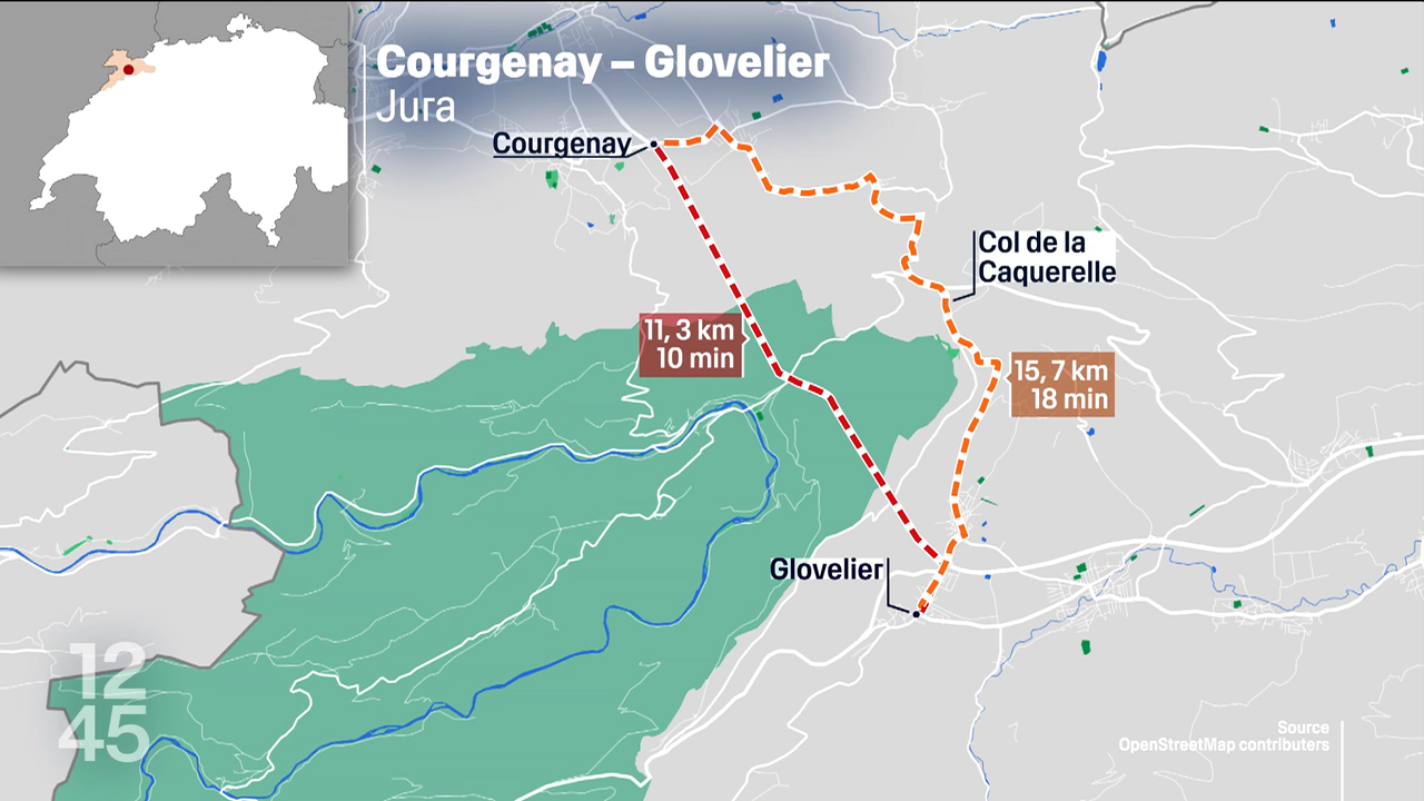 Le détour par le col pour éviter les bouchons sur l'A16 entre Courgenay et Glovelier. [12h45 de la RTS]