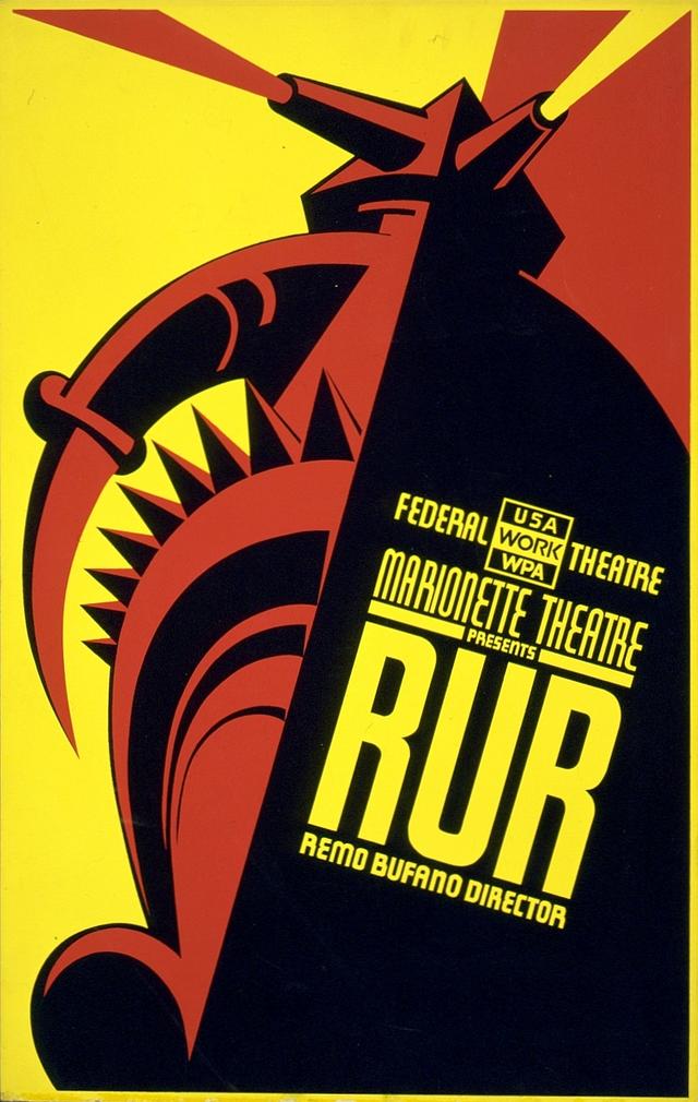 Affiche sérigraphiée en couleurs, datant des années 1936-39, pour la présentation du projet de théâtre "RUR (Robots universels de Rossum)" de Karel Čapek (1890-1935). [Work Projects Administration Federal Art Project, New York City]