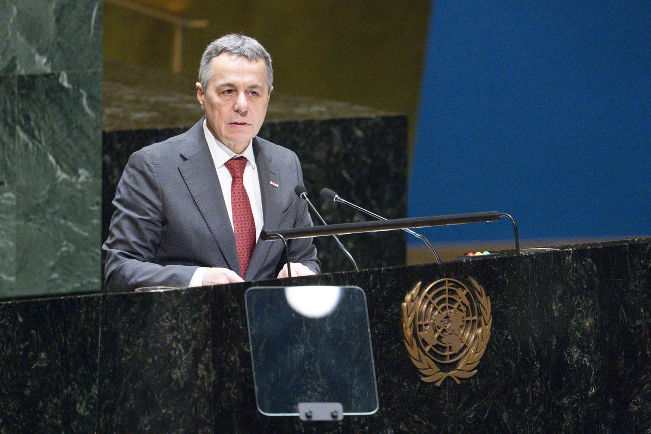 Le conseiller fédéral Ignazio Cassis s'exprime devant l'Assemblée générale de l'ONU le 23 février 2024 [Keyston/AP Photo - Mary Altaffer]