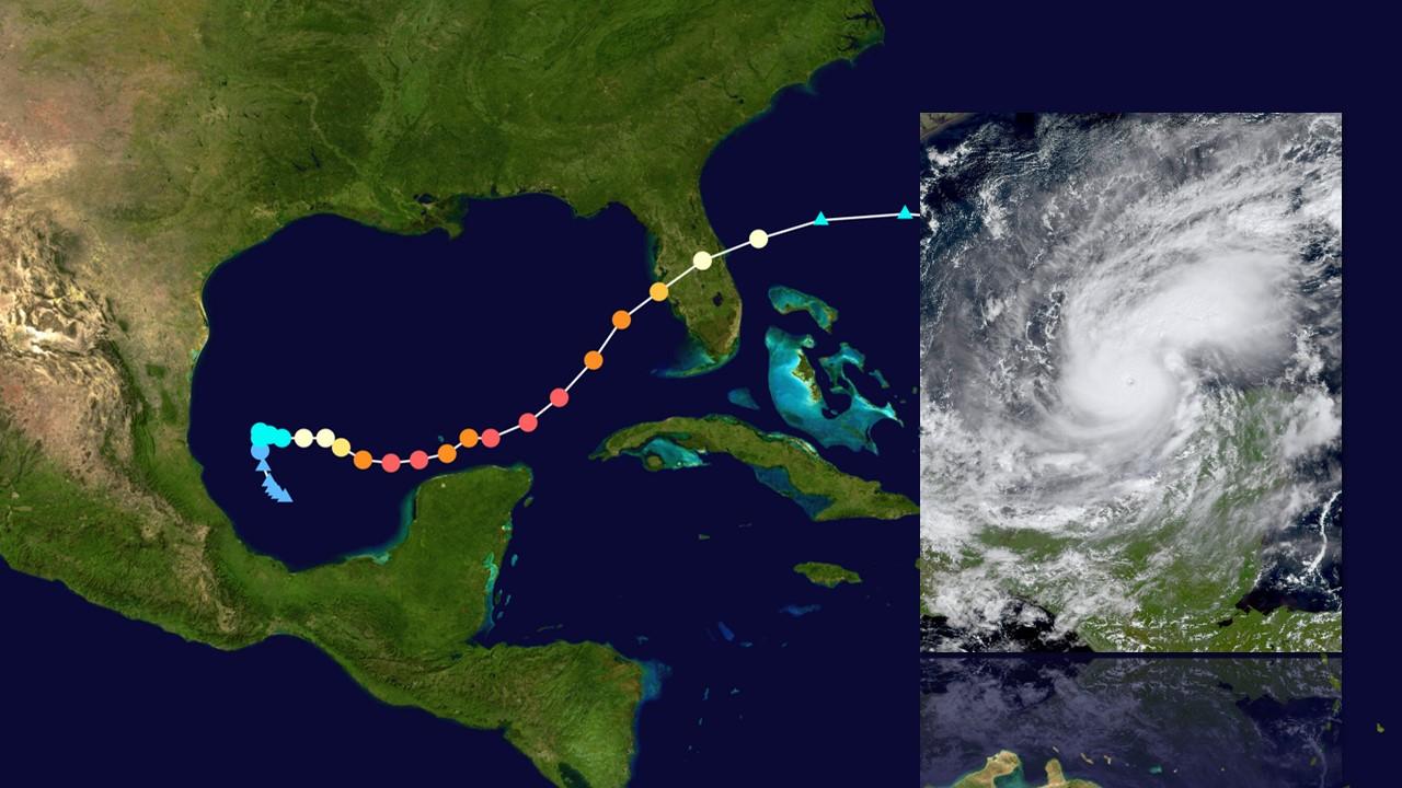 A gauche, trajectoire de l'ouragan Milton. A droite, image satellite le 7 octobre 2024. [NOAA/Wikipedia]