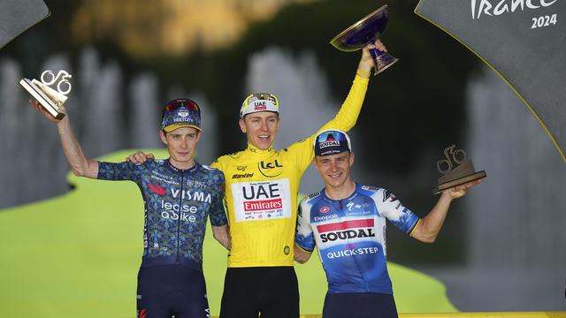 Tadej Pogacar est monté sur le podium final du Tour de France pour la 5e fois d'affilée. [KEYSTONE - DANIEL COLE]