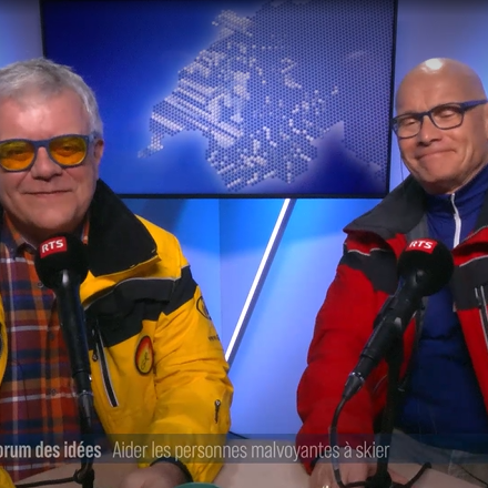 Interview de membres du Groupement Romand de Skieurs Aveugles et malvoyants: Stéphane Probst, président, et Hervé Richoz, responsable de la communication. [RTS - RTS]