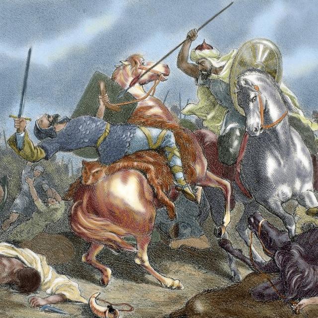 Bataille de Guadalete en juillet 711. Le dernier des rois Wisigoths Roderic y fut tué Tariq ben Ziyad Tariq, général ommeyade. [AFP - PrismaArchivo Leemage]