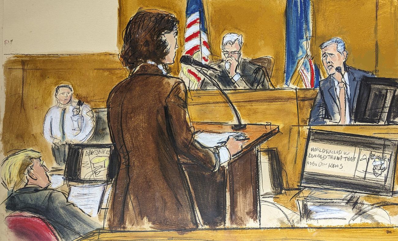 La procureur assistante Susan Hoffinger, au centre, interroge le témoin Michael Cohen, à droite, sous le regard de Donald Trump, à gauche, au tribunal pénal de Manhattan, le lundi 13 mai 2024, à New York. [KEYSTONE - ELIZABETH WILLIAMS]