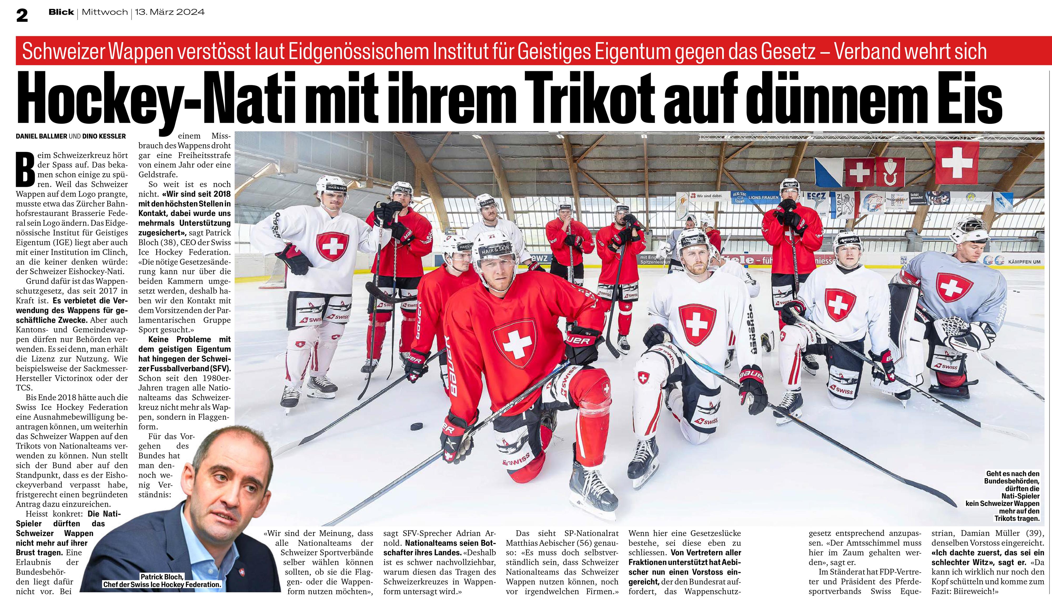 L'équipe suisse de hockey va devoir modifier son maillot. [Blick]