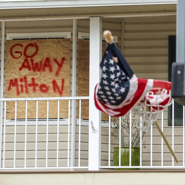 The home of the Weibel family is boarded up in preparation for Hurricane Milton on Monday, Oct. 7, 2024, in Port Richey, Fla. [AP Photo/Keystone - Mike Carlson]