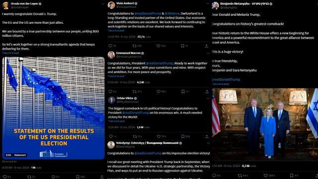 Captures d'écran de quelques tweets de félicitations à Donald Trump.